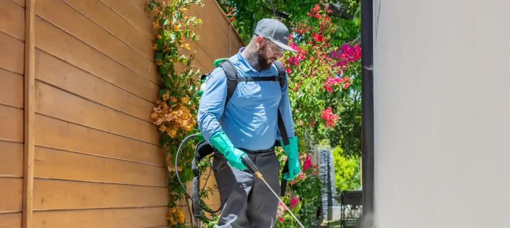 A brooks Pest Control tech works to spray around hidden entry points in a home.